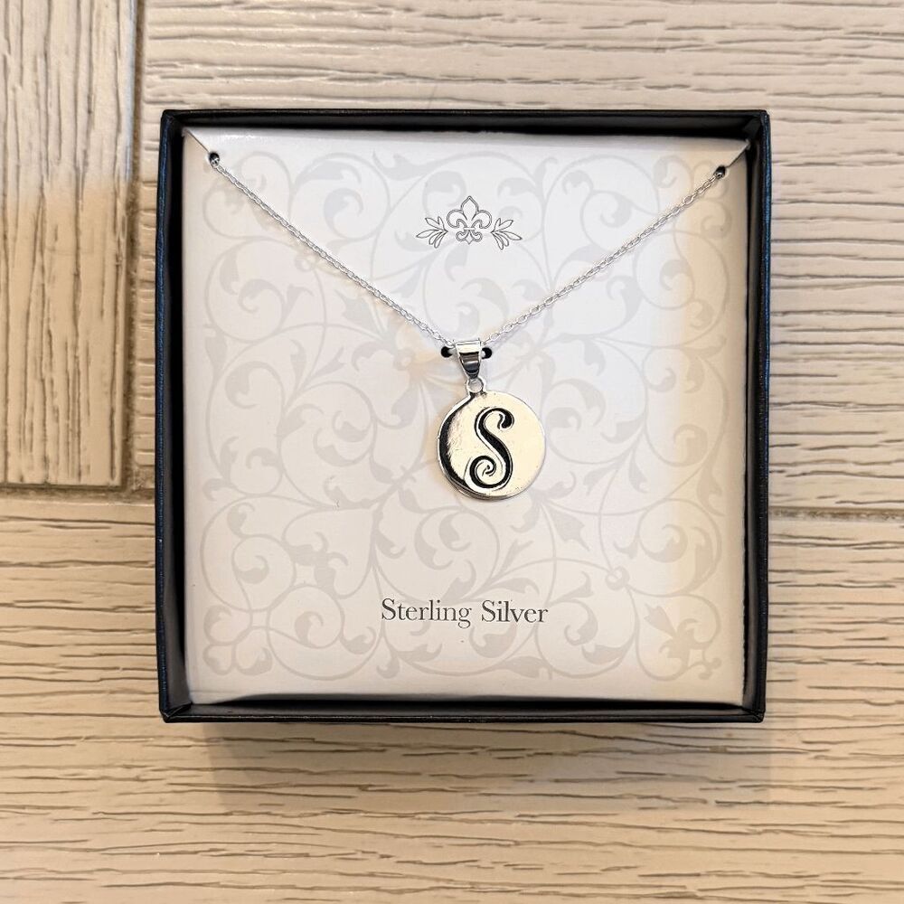 Sterling Silver “S” Initial Necklace – Script Round Pendant New in Box
